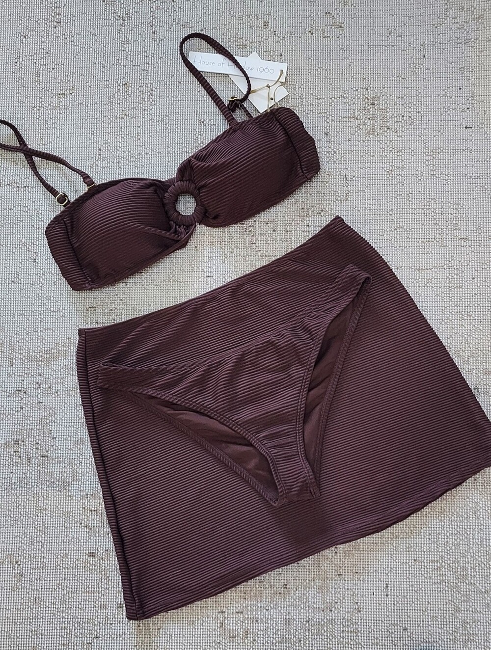 House of Harlow 1960 Bikini Set Brown Ribbed Bandeau Top With Cover Up Skirt NWT - Picture 2 of 8